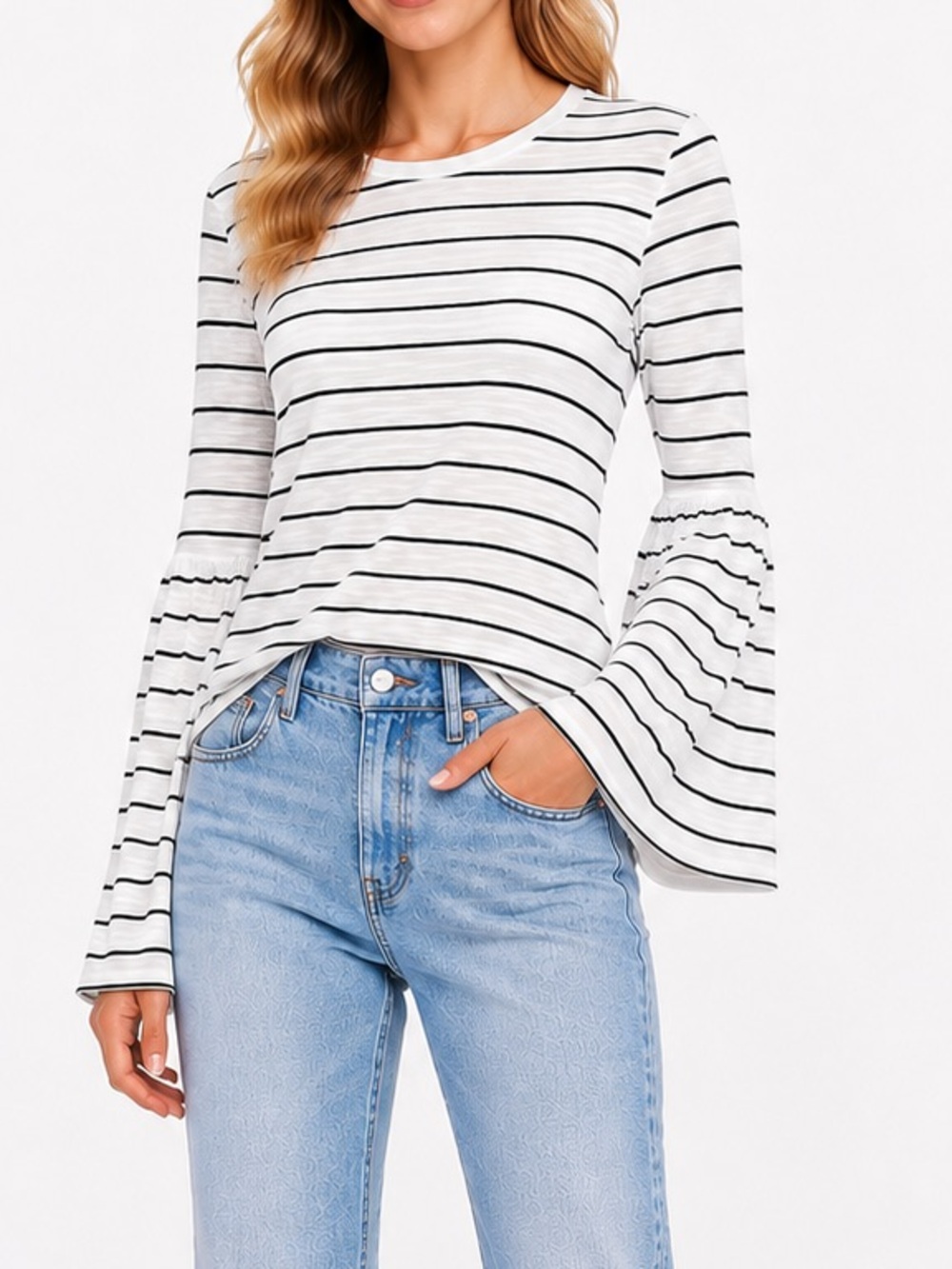 TWO BY VINCE CAMUTO Nova Stripe Fluted Sleeve Top Black & White - Size Medium